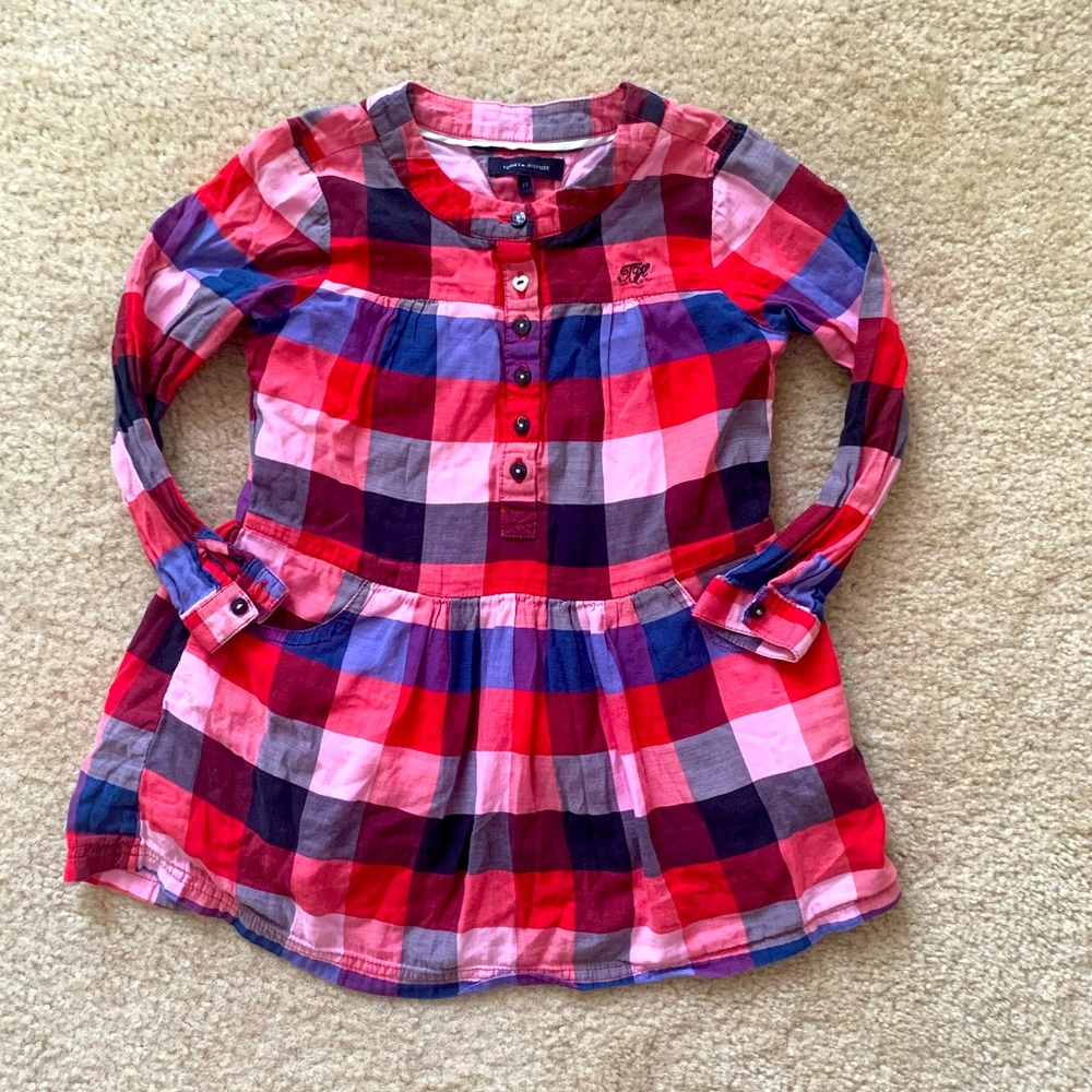 Tommy Hilfiger Red And Navy Cotton Plaid Long Sleeve Preppy Dress Size 3T